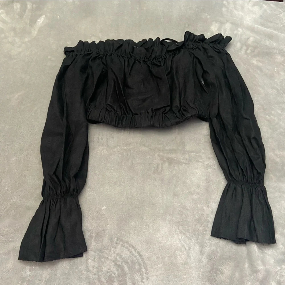 New! Staud Tristan Black Linen Off The Shoulder Crop Top NWOT 27173 - Picture 4 of 11